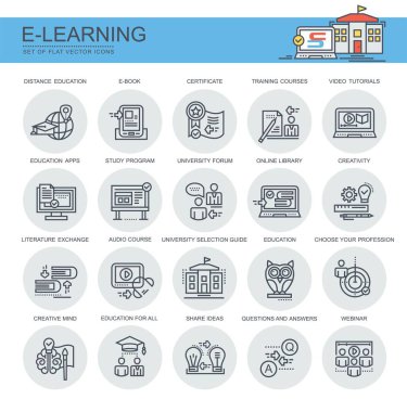 Öğrenme. Düz, vektör, doğrusal simgeler kümesi. Set webinar, sertifika ve diğerleri gibi simgeler içerir.