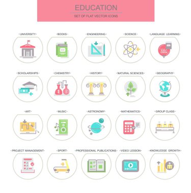 Eğitim. Vektör, doğrusal, düz Icons set. Set olarak üniversite, kitap ve diğer simgeler gibi simgeler içerir.