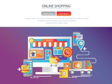 Online alışveriş. Site için banner. Modern daire kavramsal web afiş. Açılış sayfası şablonu. Grafik tasarım ve web tasarım için kavramsal vektör çizim. Kavram. Alışveriş.