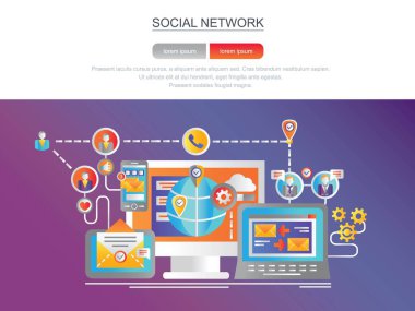 Sosyal ağ. Site için banner. Modern daire kavramsal web afiş. Açılış sayfası şablonu. Grafik tasarım ve web tasarım için kavramsal vektör çizim. Kavramı.