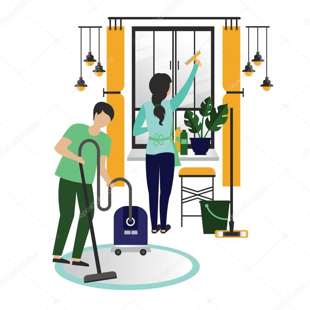 Cleaning service. Cleaning of rooms, apartments, offices, cleanliness. Vector illustration. The concept of ecological lifestyle. A cleaning lady washes a window, a cleaner vacuuming the carpet.