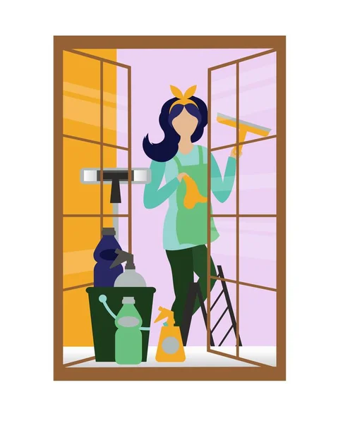 ベクトルイラスト 家の女の子は 空気をきれいにし 窓を洗い ほこりを拭く エコ製品と洗浄製品 清掃会社だ はがきやバナーのテンプレート サイトのブランク — ストックベクタ