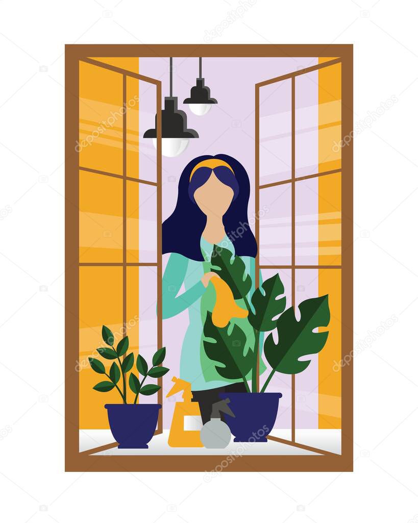 Vector illustration. The girl at home takes care of the flowers, washes the windows and wipes the dust. Template for postcard or for banner. Plants, wildlife.