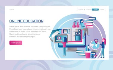 Online eğitim. İnternet ağları, yüksek lisans dersleri. Web siteleri ve mobil uygulamalar geliştirme kavramı. İniş sayfası şablonu. Düz, modern tasarım. Web sayfası veya ana sayfa sembolleri. Vektör illüstrasyonu.
