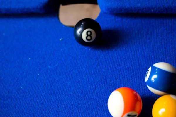 Pool billiard balls on blue table sport game set. Snooker, pool game