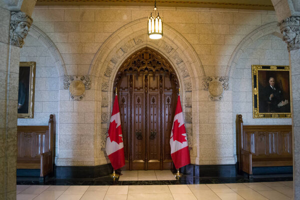 Main door to the House of Commons of Canada. Ottawa, August 20, 2018.