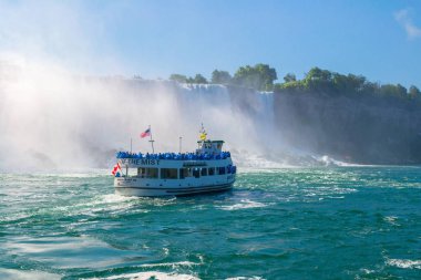 Niagara Falls, New York, USA - AUGUST 23, 2018. The boat with tourists in front of Niagara Bridal Veil Falls. clipart