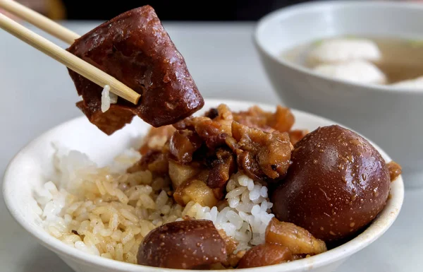 Taiwan famous food - Braised pork and fried tofu on rice. Soy-stewed pork rice, Taiwan Delicacies, Taiwan Street Food