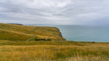 Taylors geçit okyanus ile hata, Yeni Zelanda, Taylors hata Plajı'na görünümünden Godley kafa geçit, Canterbury, Godley yürüyüş baş izlemek, Christchurch, Yeni Zelanda
