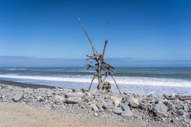 Hotikita Yeni Zelanda sahilindeki ölü odun, Yeni Zelanda 'daki inanılmaz plaj, sahili ve dalgaları olan inanılmaz okyanus görüntüsü, Yeni Zelanda sahillerindeki eski ahşap.
