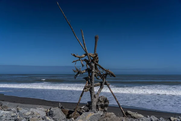 Hotikita Yeni Zelanda sahilindeki ölü odun, Yeni Zelanda 'daki inanılmaz plaj, sahili ve dalgaları olan inanılmaz okyanus görüntüsü, Yeni Zelanda sahillerindeki eski ahşap.