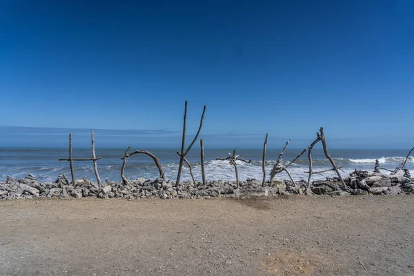 Hotikita Sign Beach Hotikita Nya Zeeland Trä Sanden Stranden Den — Stockfoto