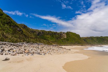 Batı yakası kayalık plajı, Cape Foulwind, Westport, Yeni Zelanda, Yeni Zelanda 'da inanılmaz bir pelerin faul rüzgarı plajı.