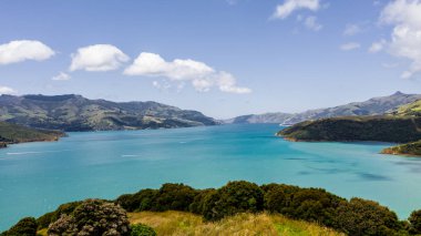 Akaroa Körfezi 'nden gün boyunca bir İHA ile çekilen, Yeni Zelanda havadan çekilen fotoğraf, Yeni Zelanda akaroası, okyanustaki bir körfezin içindeki inanılmaz ada.