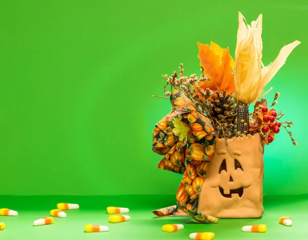 Halloween bag isolated with candy and a greeen background