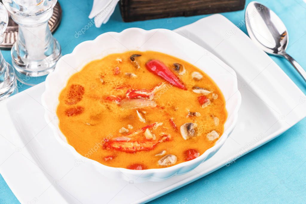 Seafood puree soup with shrimps and crab meat according to Mediterranean recipe