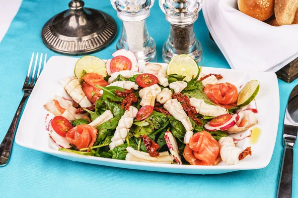 Salade Méditerranéenne Avec Calmar Grillé Saumon Radis Roquette Tomates Cerises — Photo