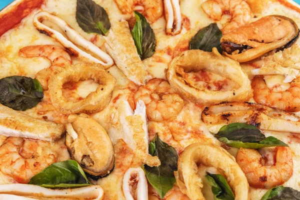 European cuisine, Italian cuisine, Mediterranean dish. Sea Pizza from assorted fish, Colmar rings, greens and tomato sauce