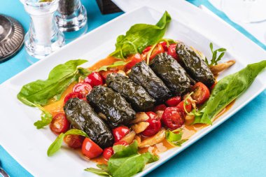 Özbek mutfağı, oryantal mutfağı. Dolma - Üzüm yaprakları, et, sığır eti ve pirinç ile haşlanmış rulo. Sebze ile servis - domates, biber, salatalık ve soğan