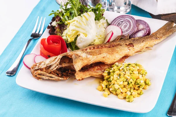 Stekt Fisk Servert Med Grønnsaker Salat Grønnsaker Etter Georgisk Oppskrift – stockfoto