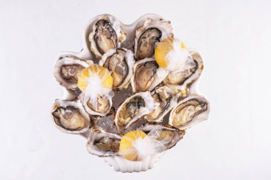 Akdeniz yemeği, Avrupa mutfağı. Taze çiğ midye limon ile servis ve çeşitli soslar- istiridye, soya, kremalı, hardal, kırmızı biber sosu