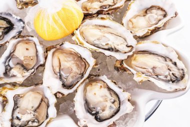 Akdeniz yemeği, Avrupa mutfağı. Taze çiğ midye limon ile servis ve çeşitli soslar- istiridye, soya, kremalı, hardal, kırmızı biber sosu