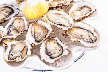 Akdeniz yemeği, Avrupa mutfağı. Taze çiğ midye limon ile servis ve çeşitli soslar- istiridye, soya, kremalı, hardal, kırmızı biber sosu