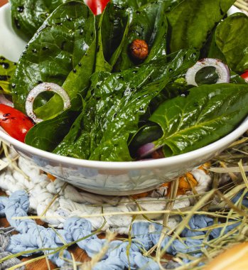 Rukala ile Vejetaryen salata, sos ile giyinmiş domates