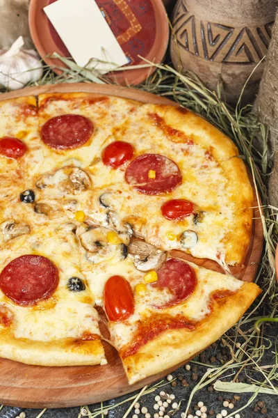National Pizza Salami Tomatoes Mushrooms Mozzarella Cheese Georgian Corn National — Stock Photo, Image