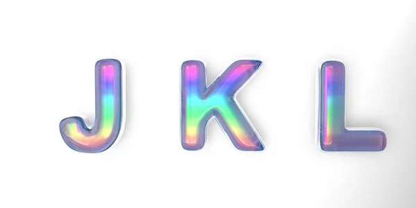 Texto 3D da letra j, k, l no estilo de bolhas de sabão com uma tonalidade de arco-íris em um fundo branco com sombra . — Fotografia de Stock