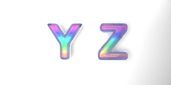 Texto en 3D de la letra y, z en el estilo de burbujas de jabón con un tinte de arco iris sobre un fondo blanco con sombra . —  Fotos de Stock