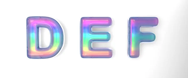3D text of the letter d, e, f in the style of soap bubbles with a rainbow tint on a white background with shadow. — Stock Photo, Image