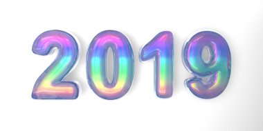 Beyaz bir arka plan üzerinde gökkuşağı tonu ile sabun kabarcıkları tarzında mektup 2019 yıl 3d metin