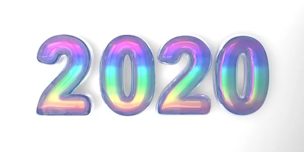 3D текст листа 2020 року в стилі мильних бульбашок з веселковим відтінком на білому тлі — стокове фото