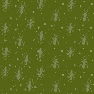 koyu yeşil bir arka plan üzerinde vektör el çizilmiş gri karıncalar, ekmek kırıntıları ve kum ile dikişsiz desen.