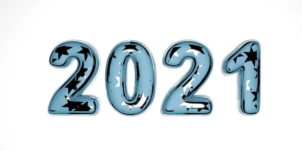 Happy new year 2021. Holiday 3D render of a glass blue texture with silver stars inside 2021. Realistic 3d sign. Holiday poster or banner design.