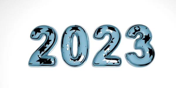 Feliz año nuevo 2023. Holiday 3D renderizado de una textura de vidrio azul con estrellas de plata dentro de 2023. Signo realista 3d. Cartel de vacaciones o diseño de banner . —  Fotos de Stock