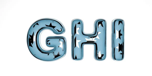 Merry Christmas 3D font made of blue glass with silver stars inside on a white background similar to a winter New Year font, the letters are contained -ghi. isolate