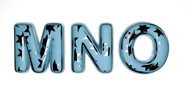 Merry Christmas 3d lettertype gemaakt van blauw glas met zilveren sterren binnen op een witte achtergrond vergelijkbaar met een winter Nieuwjaar lettertype, de letters zijn opgenomen - mno. isolaat — Stockfoto