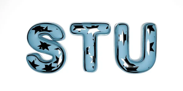 Весёлый рождественский 3D шрифт из голубого стекла с серебряными звездами внутри на белом фоне, похожем на зимний новогодний шрифт, буквы содержатся - stu. изолировать — стоковое фото