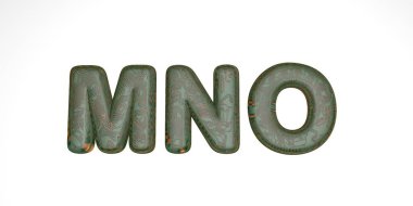 Beyaz arkaplandaki yeşil yüksek teknoloji çiplerinden 3 boyutlu yazı tipi, teknik yazı tipi, içindeki harfler mno. izole et