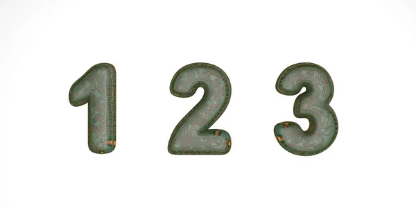 Fonte 3D à partir de puces vertes hi-tech sur fond blanc, police technique, les lettres sont 123. isoler — Photo