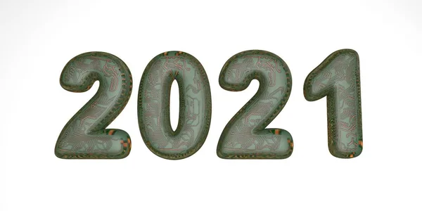 Felice anno nuovo 2021. Holiday 3D rende tecnici microchip hi-tech in colore verde 2021. Realistico segno 3D. Locandina vacanza o banner design . — Foto Stock