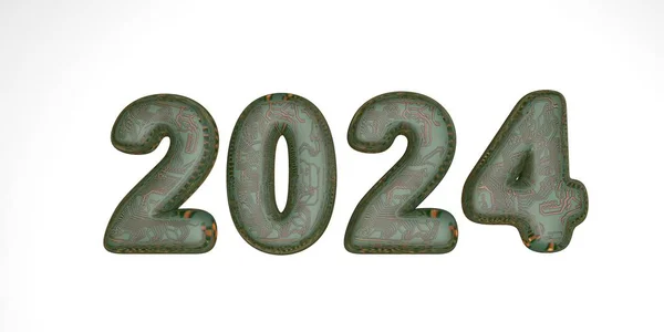 Feliz año nuevo 2024. Holiday 3D renderiza microchips técnicos de alta tecnología en color verde 2024. Signo realista 3d. Cartel de vacaciones o diseño de banner . —  Fotos de Stock