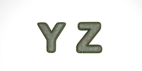 3D-Schrift aus grünen Hi-Tech-Chips auf weißem Hintergrund, technische Schrift, die Buchstaben darin sind yz. isolieren — Stockfoto