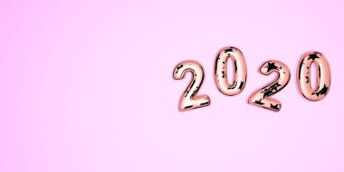 Mutlu yıllar 2020. 2020 numaranın pembe arka planında pembe renkli cam numaralar ve gümüş yıldızların 3D gösterimi. Gerçekçi 3D işareti. Tatil posteri ya da afiş tasarımı.
