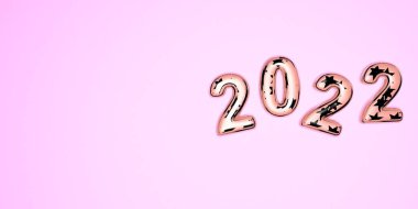 Mutlu yıllar 2022. 2022 numaranın pembe arka planında pembe renkli cam numaralar ve gümüş yıldızların 3D gösterimi. Gerçekçi 3D işareti. Tatil posteri ya da afiş tasarımı.