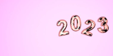 Mutlu yıllar 2023. 2023 numaranın pembe arka planında pembe renkli cam numaralar ve gümüş yıldızların 3D gösterimi. Gerçekçi 3D işareti. Tatil posteri ya da afiş tasarımı.