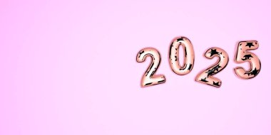 Mutlu yıllar 2025. 2025 numaranın pembe arka planında pembe renkli cam numaralar ve gümüş yıldızların 3D gösterimi. Gerçekçi 3D işareti. Tatil posteri ya da afiş tasarımı.