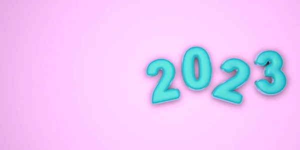 Buon anno 2023. Illustrazione 3D festiva di numeri di vetrate in blu su uno sfondo rosa di numeri 2023. Realistico segno 3D. Locandina vacanza o banner design . — Foto Stock
